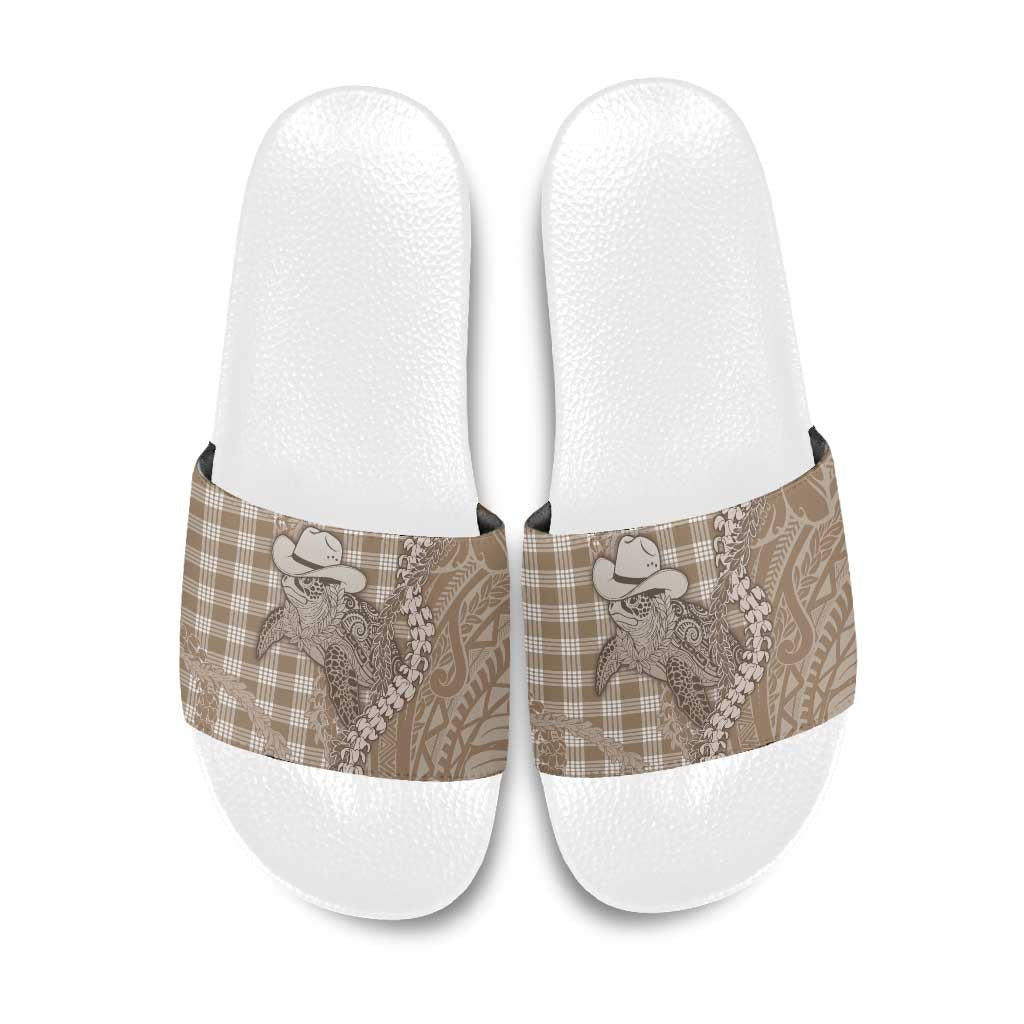 Beige Hawaii Palaka Cowboy Turtle Slide Sandals Hawaiian Paniolo Puakenikeni Maile Lei - Polynesian Pride