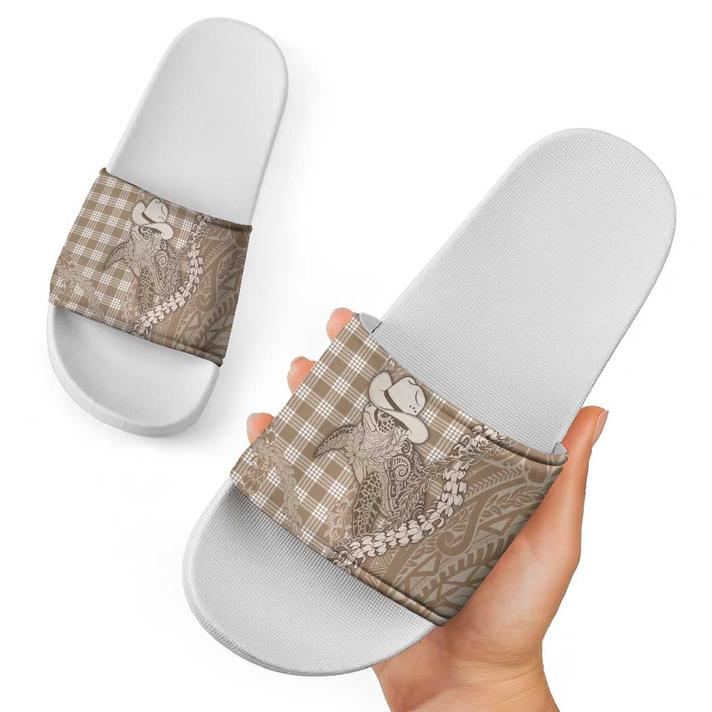 Beige Hawaii Palaka Cowboy Turtle Slide Sandals Hawaiian Paniolo Puakenikeni Maile Lei - Polynesian Pride
