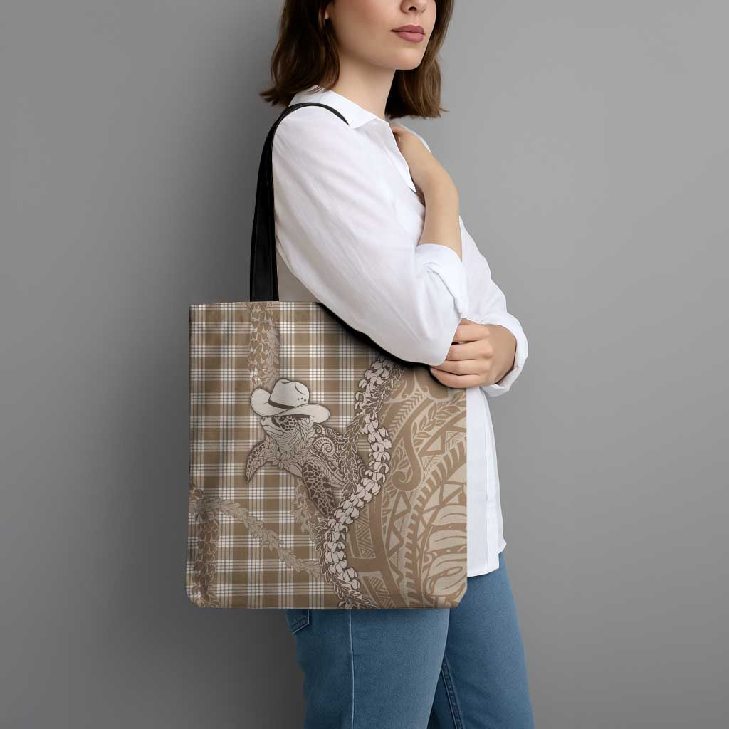 Beige Hawaii Palaka Cowboy Turtle Tote Bag Hawaiian Paniolo Puakenikeni Maile Lei - Polynesian Pride