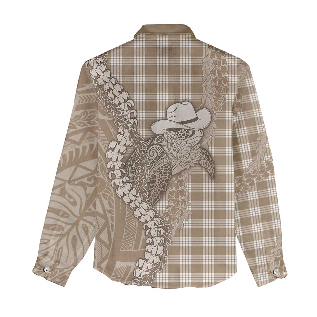 Beige Hawaii Palaka Cowboy Turtle Women Casual Shirt Hawaiian Paniolo Puakenikeni Maile Lei - Polynesian Pride