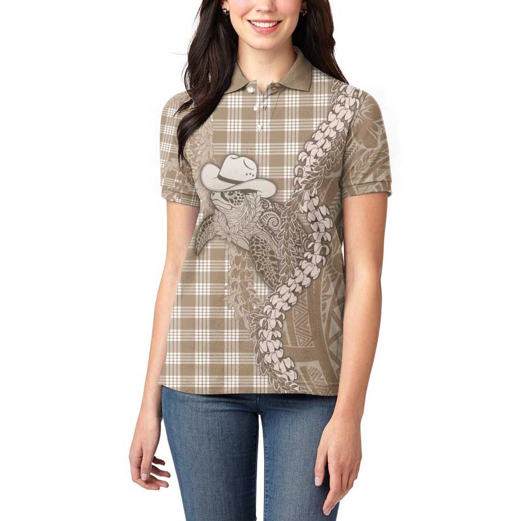 Beige Hawaii Palaka Cowboy Turtle Women Polo Shirt Hawaiian Paniolo Puakenikeni Maile Lei - Polynesian Pride