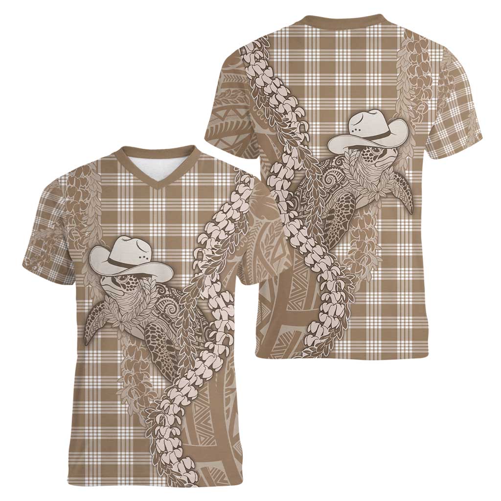 Beige Hawaii Palaka Cowboy Turtle Women V-Neck T-Shirt Hawaiian Paniolo Puakenikeni Maile Lei - Polynesian Pride