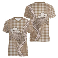Beige Hawaii Palaka Cowboy Turtle Women V-Neck T-Shirt Hawaiian Paniolo Puakenikeni Maile Lei - Polynesian Pride