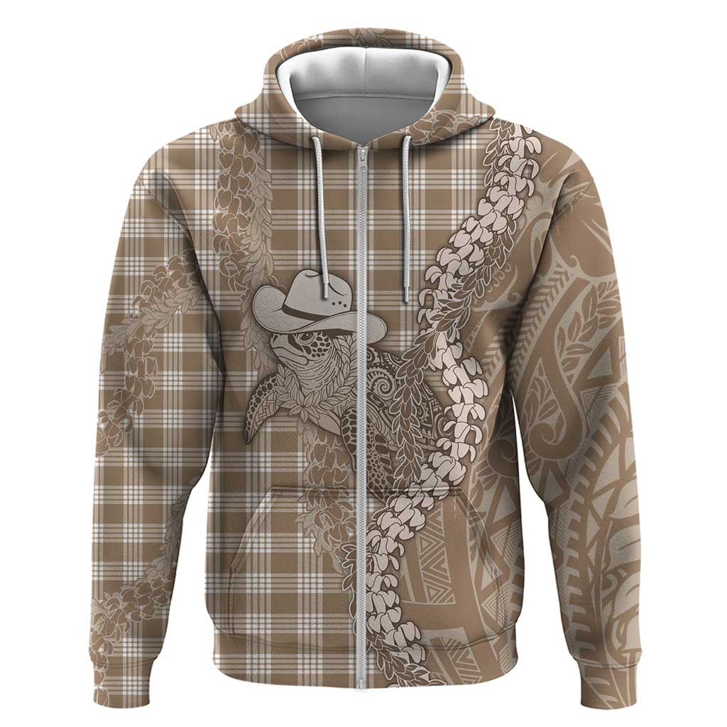 Beige Hawaii Palaka Cowboy Turtle Zip Hoodie Hawaiian Paniolo Puakenikeni Maile Lei - Polynesian Pride