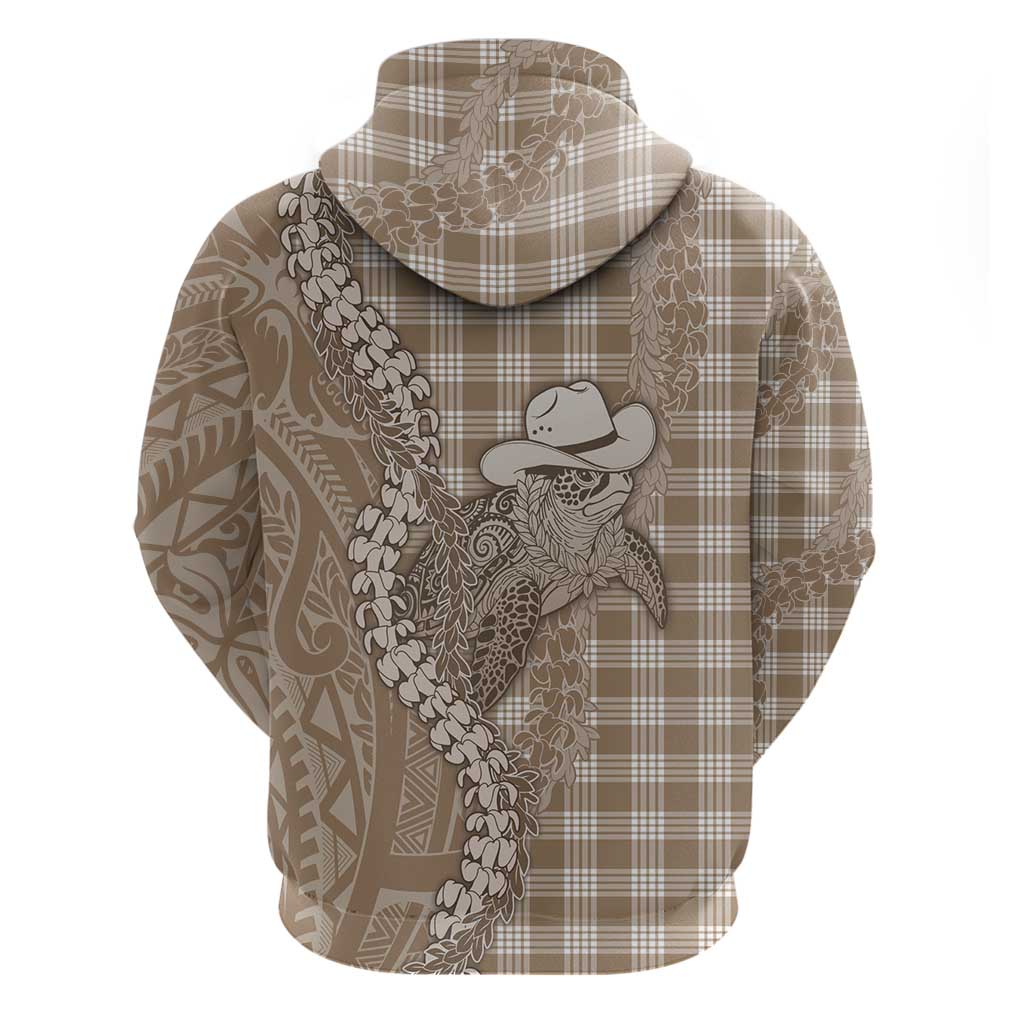 Beige Hawaii Palaka Cowboy Turtle Zip Hoodie Hawaiian Paniolo Puakenikeni Maile Lei - Polynesian Pride