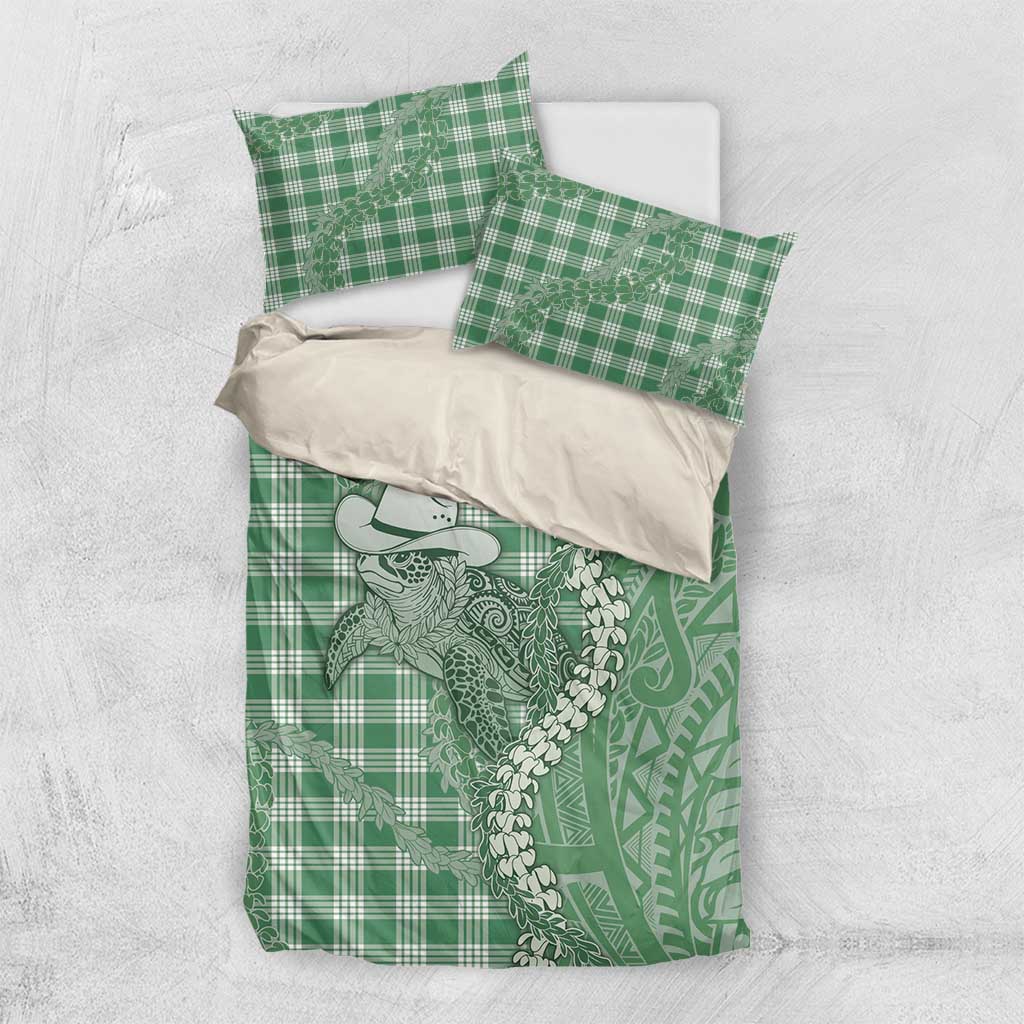 Green Hawaii Palaka Cowboy Turtle Bedding Set Hawaiian Paniolo Puakenikeni Maile Lei - Polynesian Pride