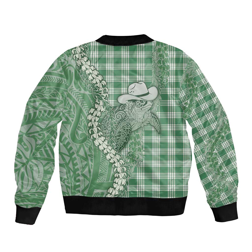 Green Hawaii Palaka Cowboy Turtle Bomber Jacket Hawaiian Paniolo Puakenikeni Maile Lei - Polynesian Pride