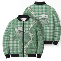 Green Hawaii Palaka Cowboy Turtle Bomber Puffer Jacket Hawaiian Paniolo Puakenikeni Maile Lei - Polynesian Pride