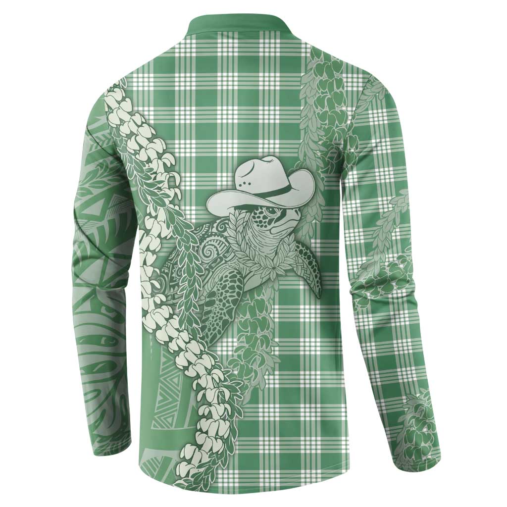 Green Hawaii Palaka Cowboy Turtle Button Sweatshirt Hawaiian Paniolo Puakenikeni Maile Lei - Polynesian Pride