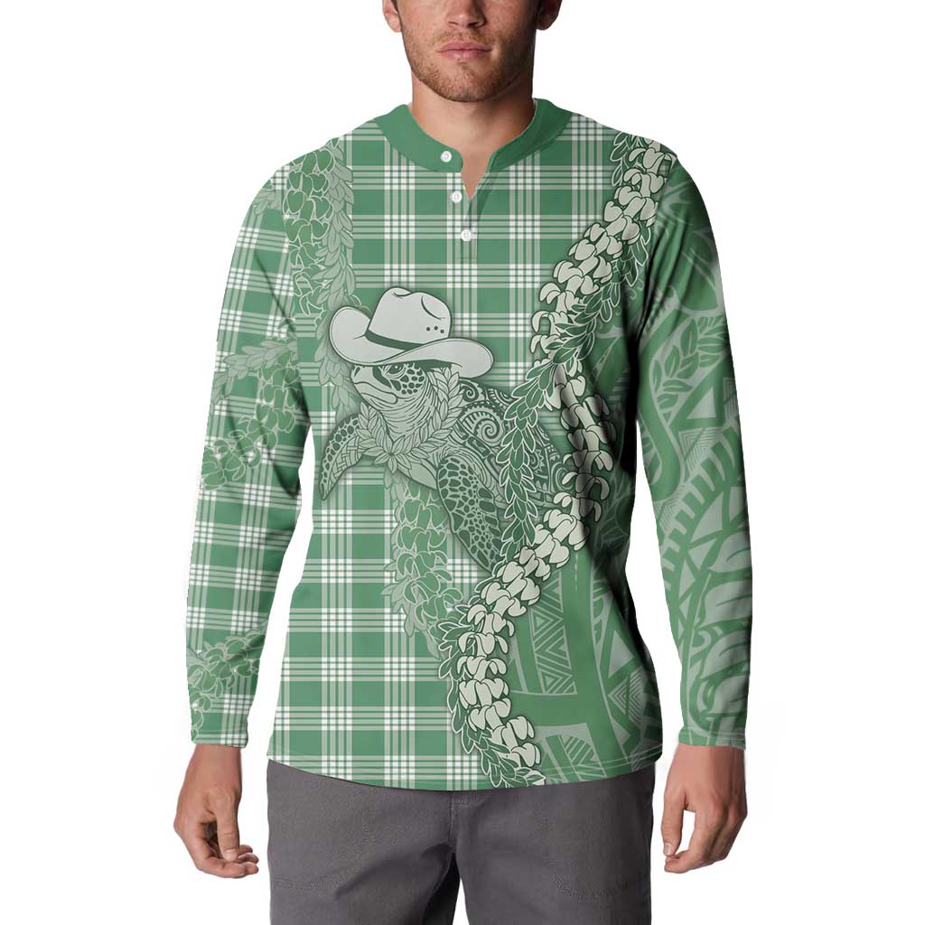Green Hawaii Palaka Cowboy Turtle Button Sweatshirt Hawaiian Paniolo Puakenikeni Maile Lei - Polynesian Pride