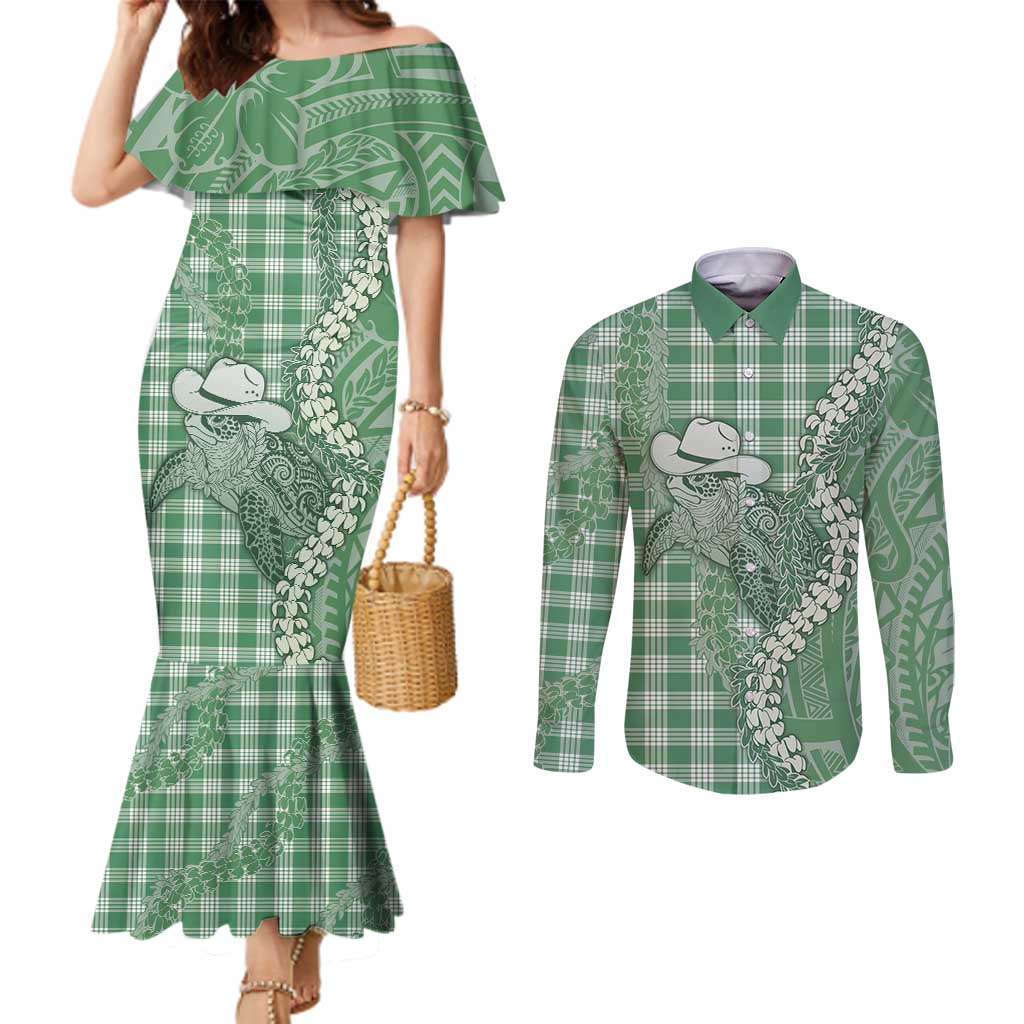 Green Hawaii Palaka Cowboy Turtle Couples Matching Mermaid Dress and Long Sleeve Button Shirt Hawaiian Paniolo Puakenikeni Maile Lei - Polynesian Pride