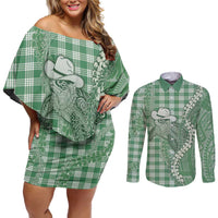 Green Hawaii Palaka Cowboy Turtle Couples Matching Off Shoulder Short Dress and Long Sleeve Button Shirt Hawaiian Paniolo Puakenikeni Maile Lei - Polynesian Pride