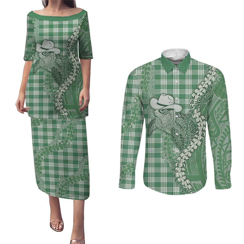 Green Hawaii Palaka Cowboy Turtle Couples Matching Puletasi and Long Sleeve Button Shirt Hawaiian Paniolo Puakenikeni Maile Lei DT05 Green - Polynesian Pride
