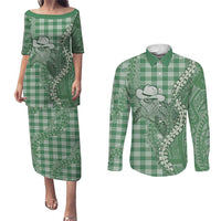 Green Hawaii Palaka Cowboy Turtle Couples Matching Puletasi and Long Sleeve Button Shirt Hawaiian Paniolo Puakenikeni Maile Lei - Polynesian Pride