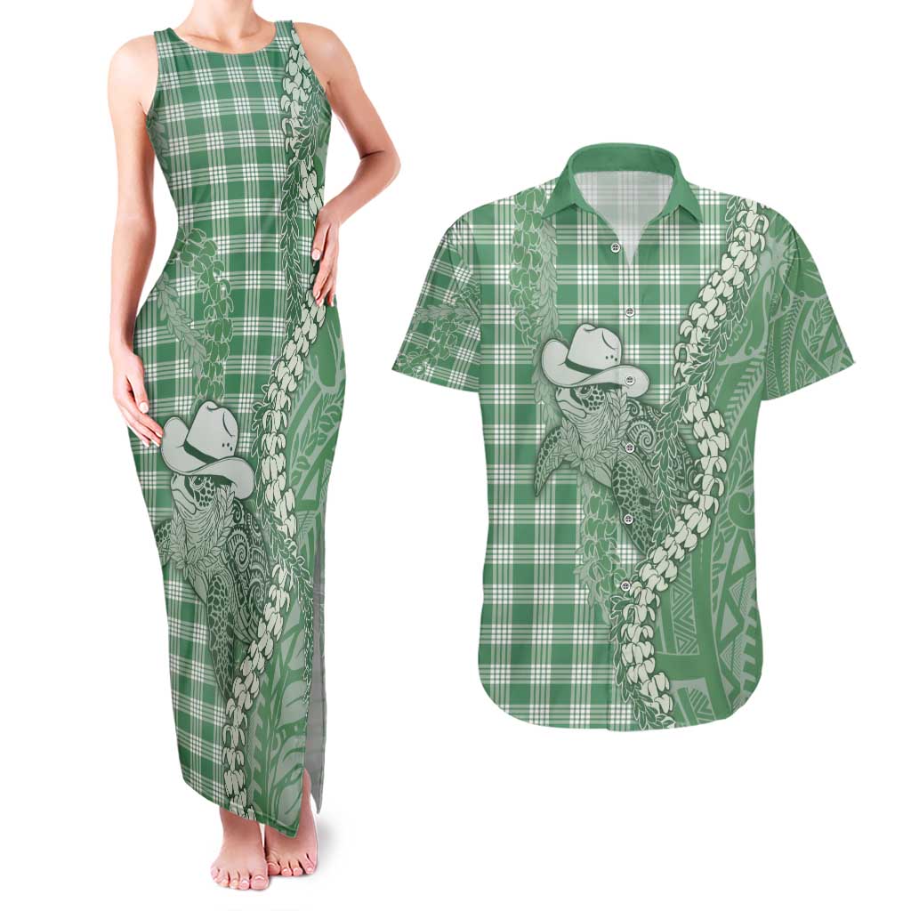 Green Hawaii Palaka Cowboy Turtle Couples Matching Tank Maxi Dress and Hawaiian Shirt Hawaiian Paniolo Puakenikeni Maile Lei - Polynesian Pride