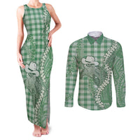 Green Hawaii Palaka Cowboy Turtle Couples Matching Tank Maxi Dress and Long Sleeve Button Shirt Hawaiian Paniolo Puakenikeni Maile Lei - Polynesian Pride