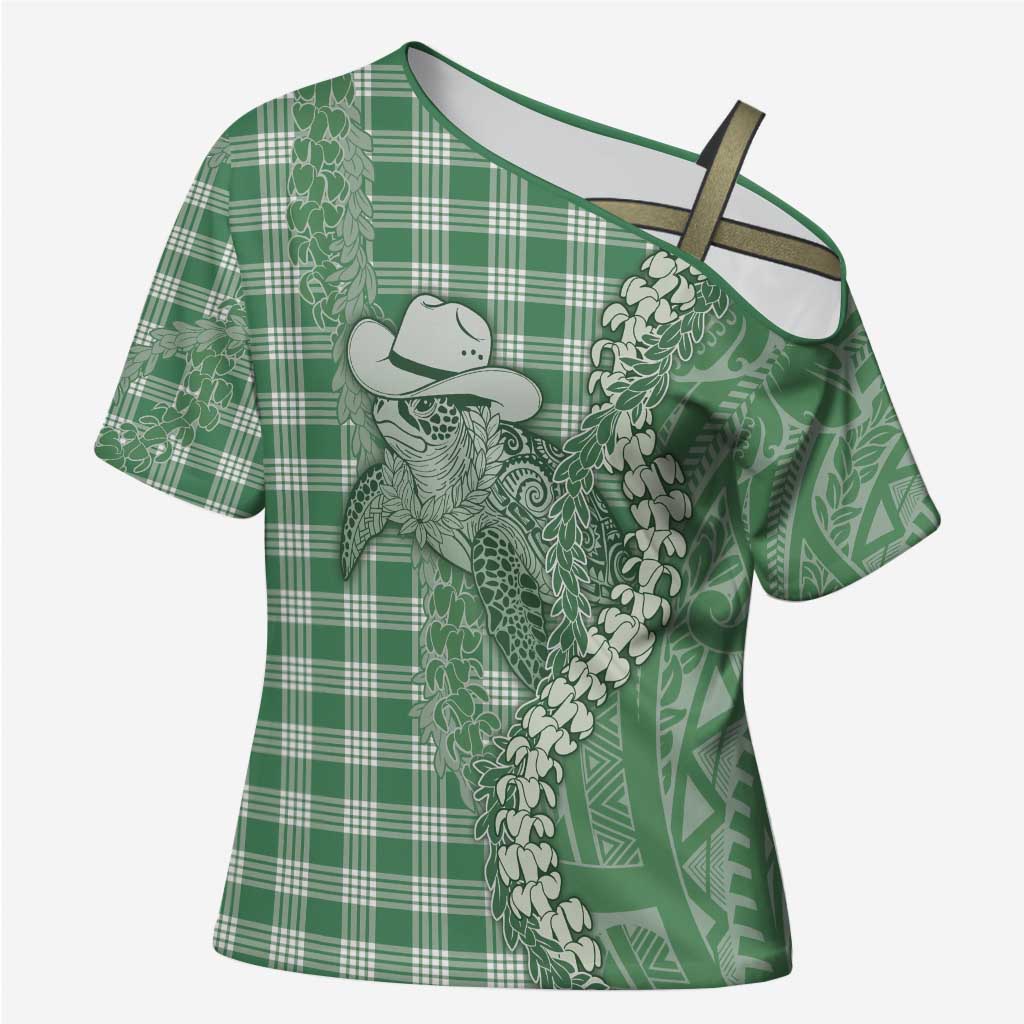 Green Hawaii Palaka Cowboy Turtle Cross Shoulder Shirt Hawaiian Paniolo Puakenikeni Maile Lei - Polynesian Pride