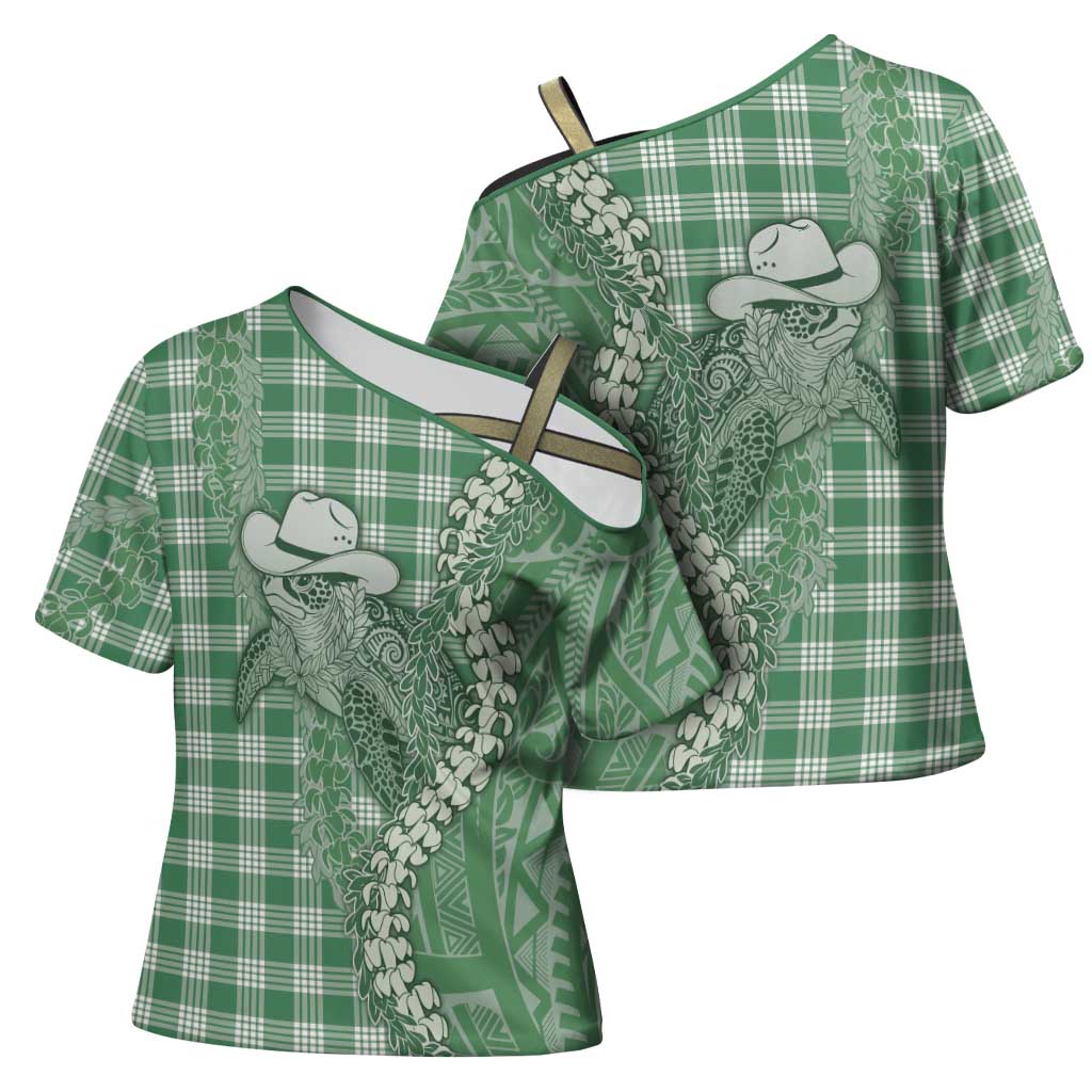 Green Hawaii Palaka Cowboy Turtle Cross Shoulder Shirt Hawaiian Paniolo Puakenikeni Maile Lei - Polynesian Pride
