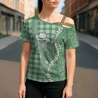 Green Hawaii Palaka Cowboy Turtle Cross Shoulder Shirt Hawaiian Paniolo Puakenikeni Maile Lei - Polynesian Pride