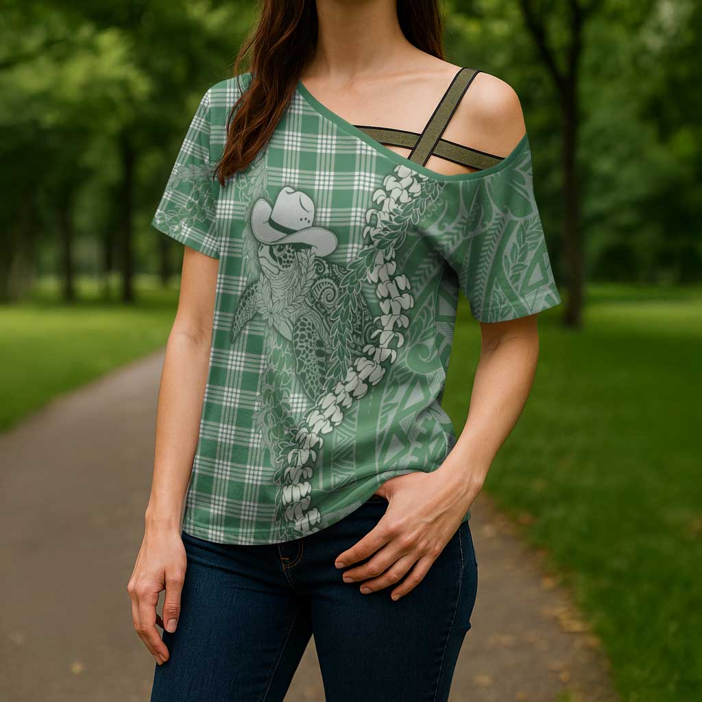 Green Hawaii Palaka Cowboy Turtle Cross Shoulder Shirt Hawaiian Paniolo Puakenikeni Maile Lei - Polynesian Pride