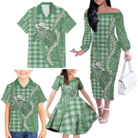 Green Hawaii Palaka Cowboy Turtle Family Matching Off The Shoulder Long Sleeve Dress and Hawaiian Shirt Hawaiian Paniolo Puakenikeni Maile Lei - Polynesian Pride