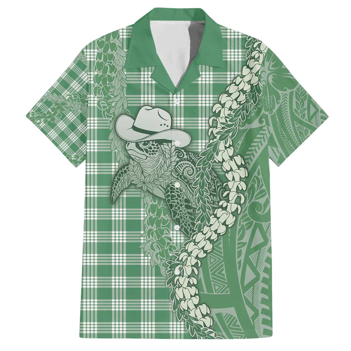 Green Hawaii Palaka Cowboy Turtle Family Matching Off The Shoulder Long Sleeve Dress and Hawaiian Shirt Hawaiian Paniolo Puakenikeni Maile Lei - Polynesian Pride