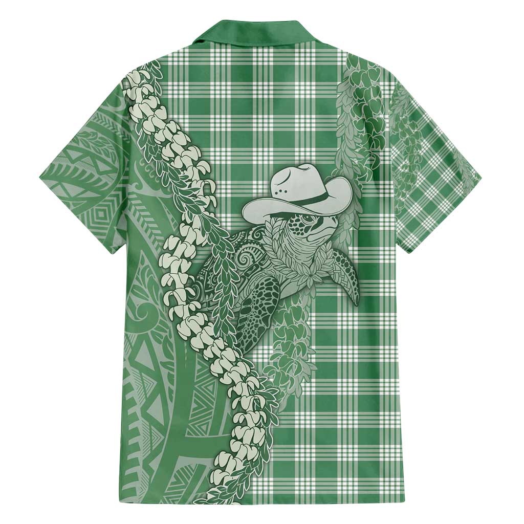 Green Hawaii Palaka Cowboy Turtle Family Matching Off Shoulder Maxi Dress and Hawaiian Shirt Hawaiian Paniolo Puakenikeni Maile Lei - Polynesian Pride