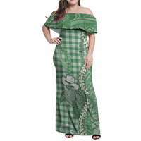 Green Hawaii Palaka Cowboy Turtle Family Matching Off Shoulder Maxi Dress and Hawaiian Shirt Hawaiian Paniolo Puakenikeni Maile Lei - Polynesian Pride