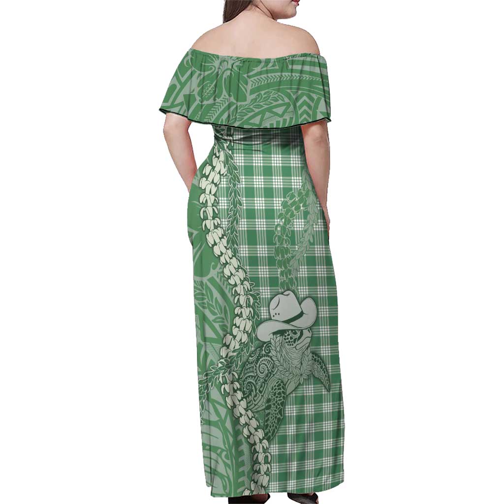 Green Hawaii Palaka Cowboy Turtle Family Matching Off Shoulder Maxi Dress and Hawaiian Shirt Hawaiian Paniolo Puakenikeni Maile Lei - Polynesian Pride