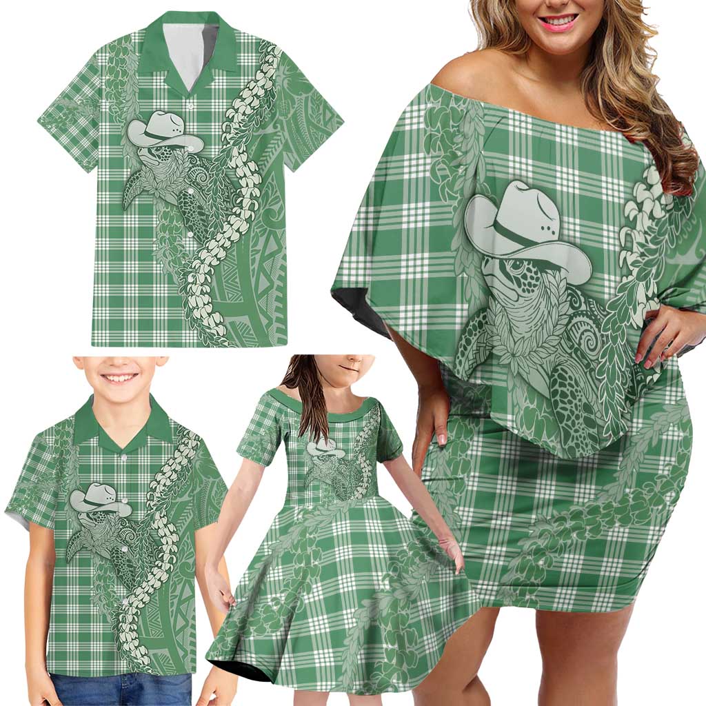 Green Hawaii Palaka Cowboy Turtle Family Matching Off Shoulder Short Dress and Hawaiian Shirt Hawaiian Paniolo Puakenikeni Maile Lei - Polynesian Pride
