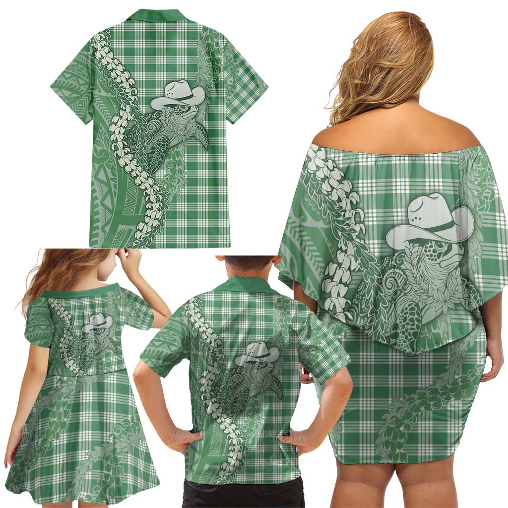 Green Hawaii Palaka Cowboy Turtle Family Matching Off Shoulder Short Dress and Hawaiian Shirt Hawaiian Paniolo Puakenikeni Maile Lei - Polynesian Pride