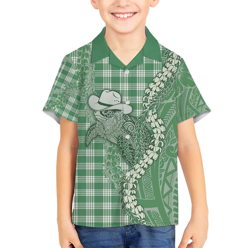 Green Hawaii Palaka Cowboy Turtle Family Matching Off Shoulder Short Dress and Hawaiian Shirt Hawaiian Paniolo Puakenikeni Maile Lei - Polynesian Pride