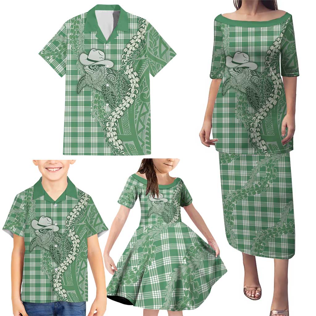 Green Hawaii Palaka Cowboy Turtle Family Matching Puletasi and Hawaiian Shirt Hawaiian Paniolo Puakenikeni Maile Lei DT05 - Polynesian Pride