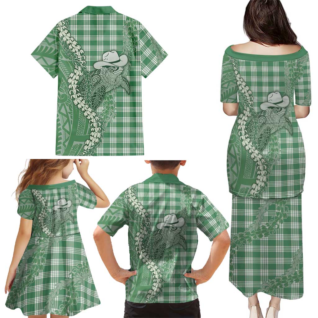 Green Hawaii Palaka Cowboy Turtle Family Matching Puletasi and Hawaiian Shirt Hawaiian Paniolo Puakenikeni Maile Lei - Polynesian Pride