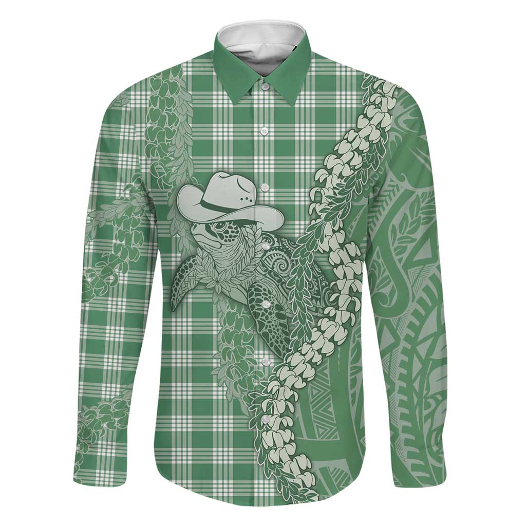 Green Hawaii Palaka Cowboy Turtle Family Matching Puletasi and Hawaiian Shirt Hawaiian Paniolo Puakenikeni Maile Lei - Polynesian Pride