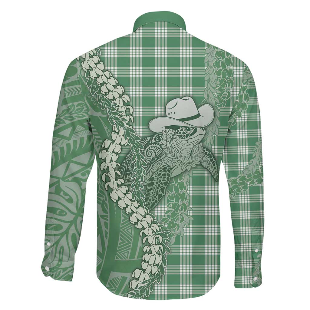 Green Hawaii Palaka Cowboy Turtle Family Matching Puletasi and Hawaiian Shirt Hawaiian Paniolo Puakenikeni Maile Lei - Polynesian Pride