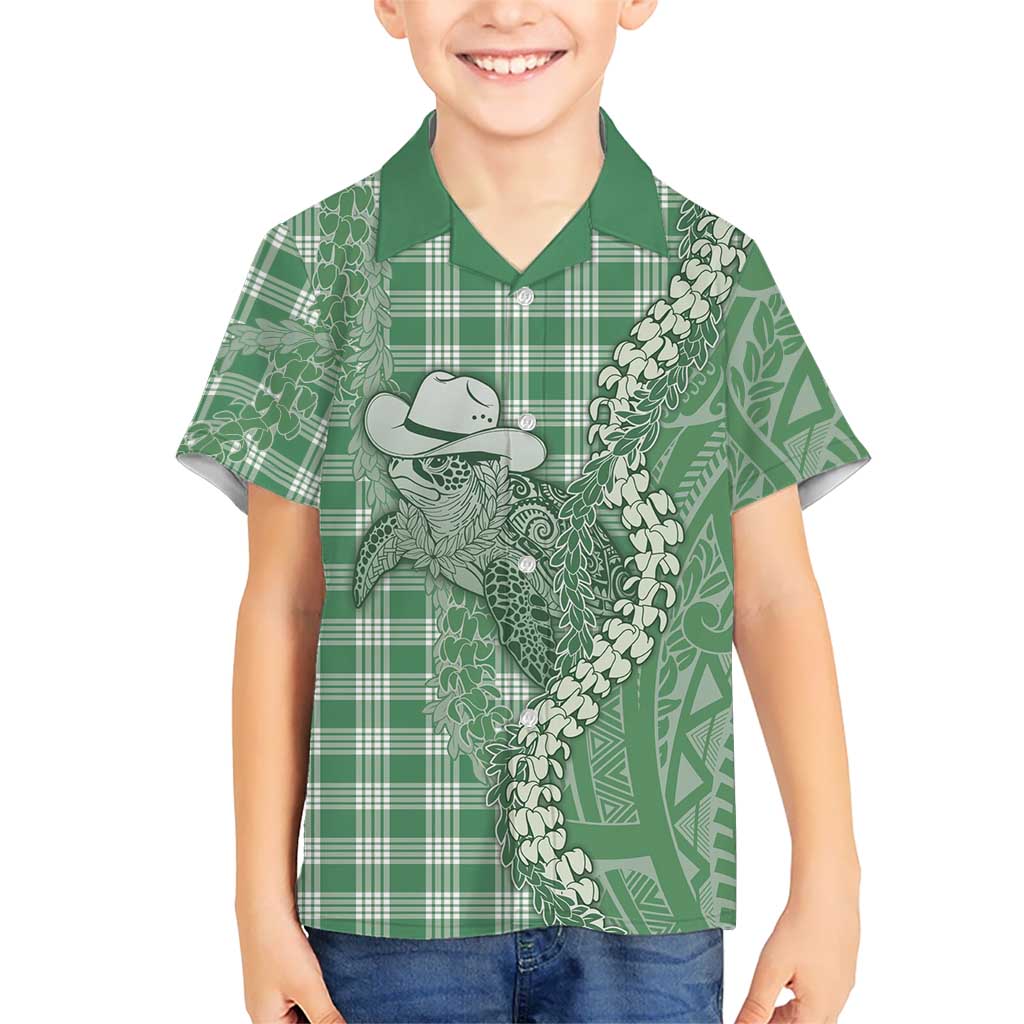 Green Hawaii Palaka Cowboy Turtle Family Matching Puletasi and Hawaiian Shirt Hawaiian Paniolo Puakenikeni Maile Lei - Polynesian Pride
