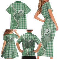 Green Hawaii Palaka Cowboy Turtle Family Matching Short Sleeve Bodycon Dress and Hawaiian Shirt Hawaiian Paniolo Puakenikeni Maile Lei - Polynesian Pride