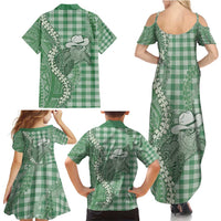Green Hawaii Palaka Cowboy Turtle Family Matching Summer Maxi Dress and Hawaiian Shirt Hawaiian Paniolo Puakenikeni Maile Lei - Polynesian Pride