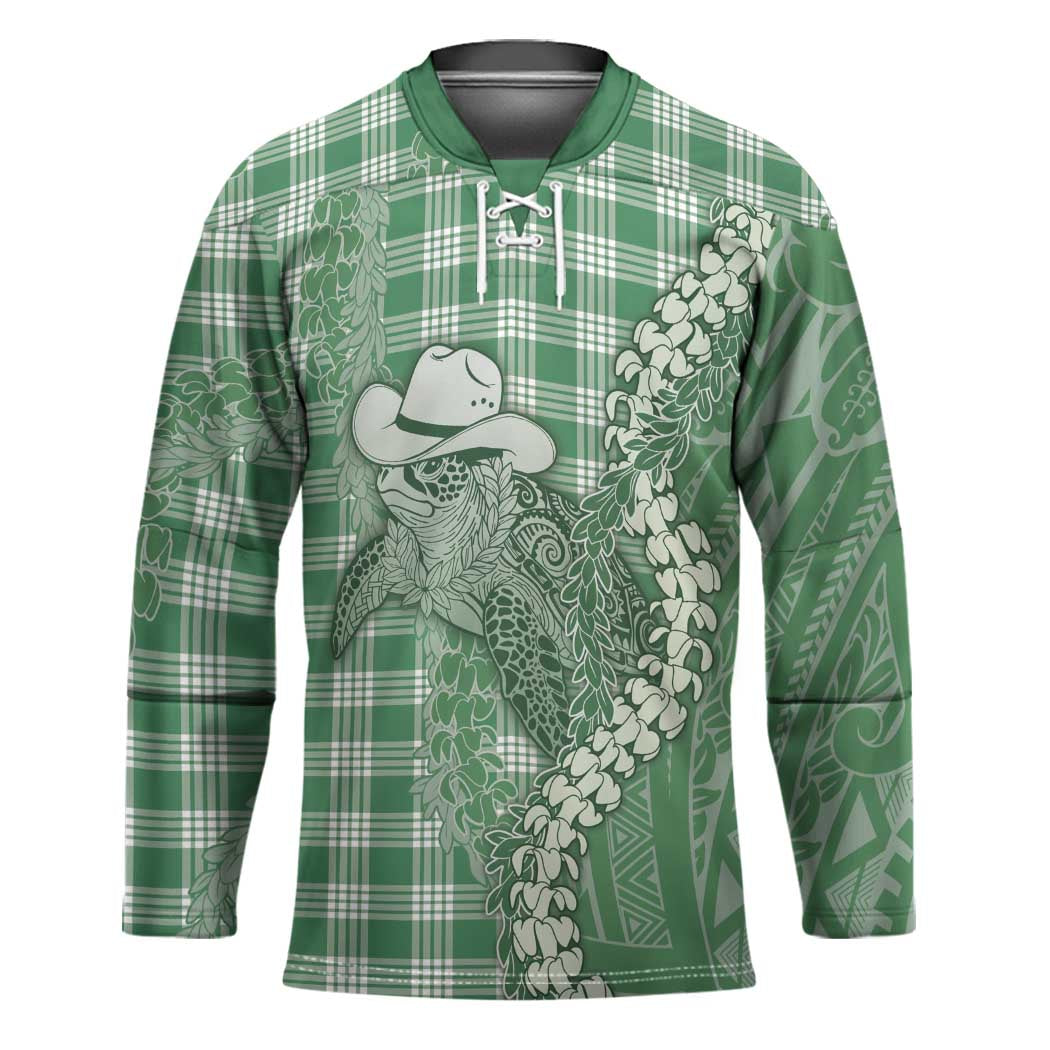 Green Hawaii Palaka Cowboy Turtle Hockey Jersey Hawaiian Paniolo Puakenikeni Maile Lei - Polynesian Pride