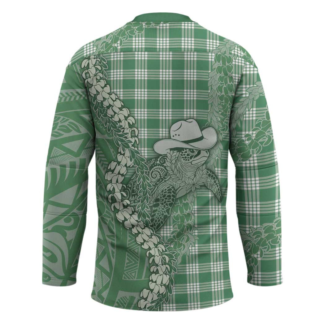 Green Hawaii Palaka Cowboy Turtle Hockey Jersey Hawaiian Paniolo Puakenikeni Maile Lei - Polynesian Pride