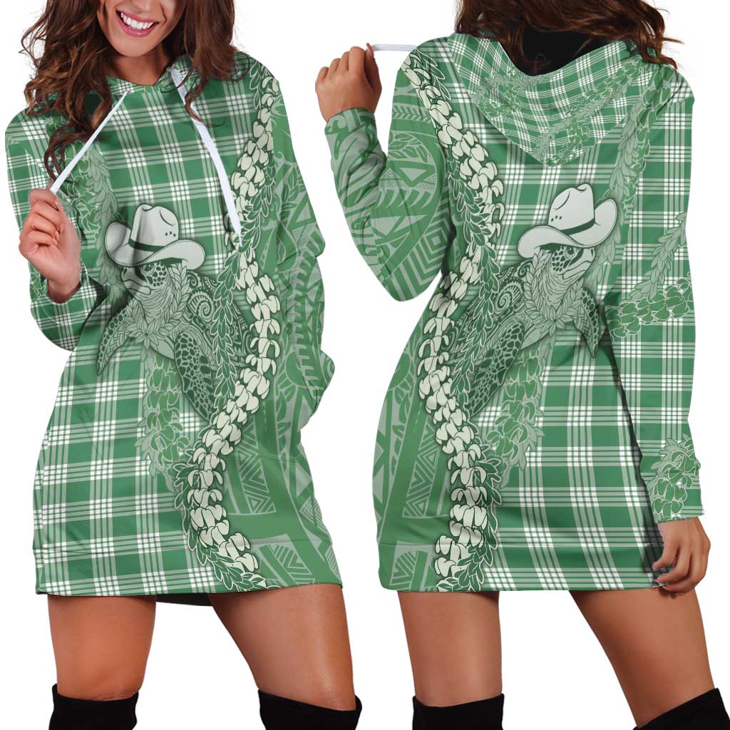 Green Hawaii Palaka Cowboy Turtle Hoodie Dress Hawaiian Paniolo Puakenikeni Maile Lei - Polynesian Pride