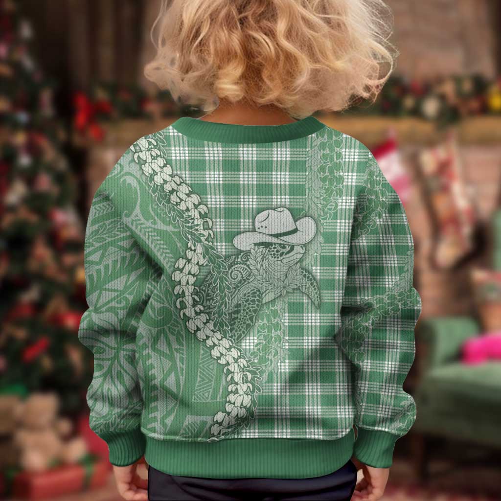 Green Hawaii Palaka Cowboy Turtle Kid Ugly Christmas Sweater Hawaiian Paniolo Puakenikeni Maile Lei - Polynesian Pride