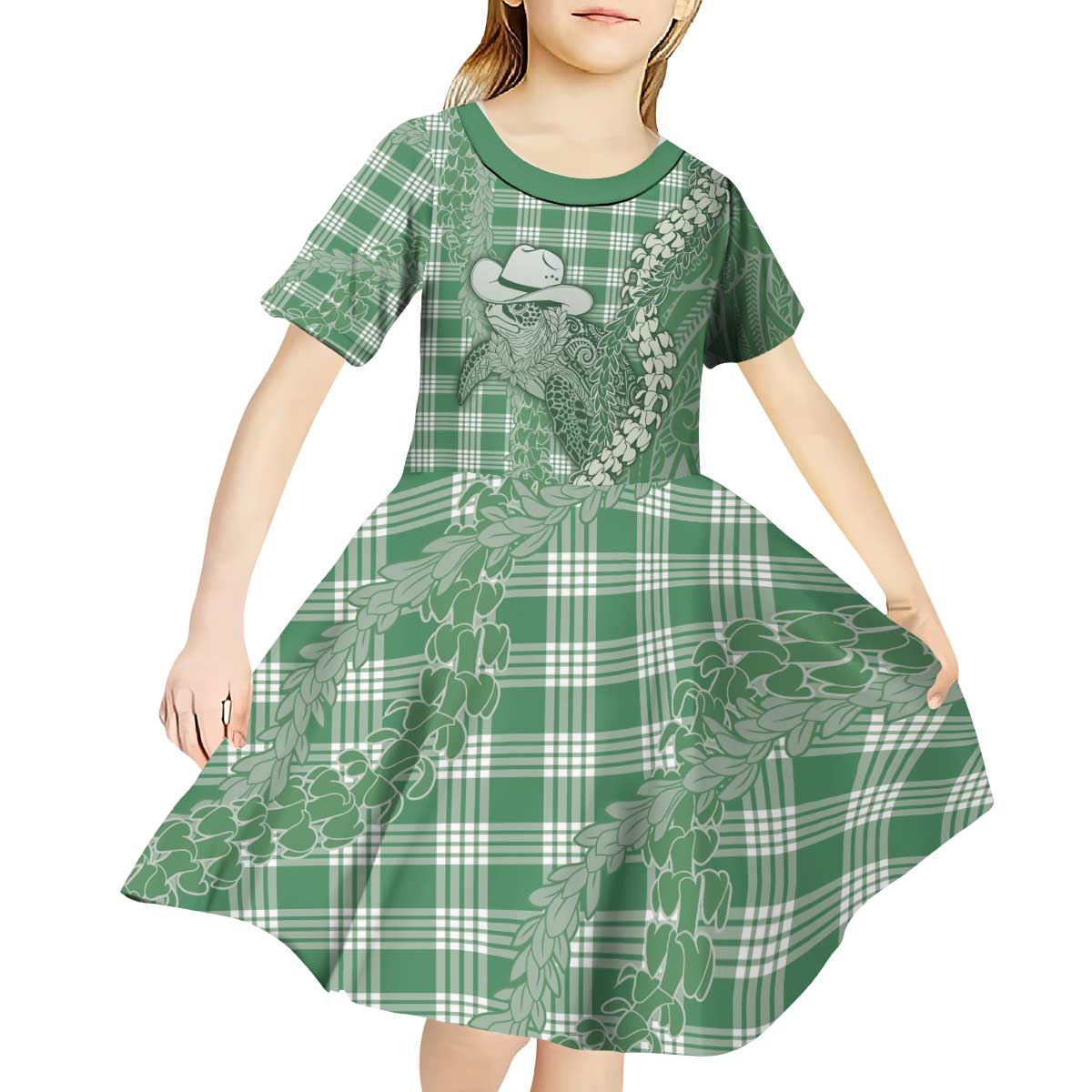 Green Hawaii Palaka Cowboy Turtle Kid Short Sleeve Dress Hawaiian Paniolo Puakenikeni Maile Lei - Polynesian Pride