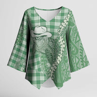 Green Hawaii Palaka Cowboy Turtle Kimono Sleeve Blouse Hawaiian Paniolo Puakenikeni Maile Lei - Polynesian Pride