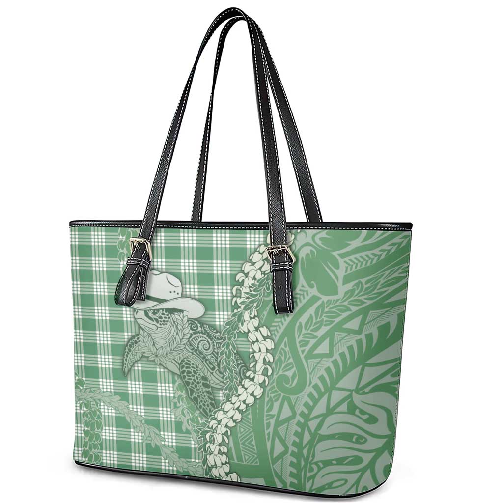 Green Hawaii Palaka Cowboy Turtle Leather Tote Bag Hawaiian Paniolo Puakenikeni Maile Lei - Polynesian Pride