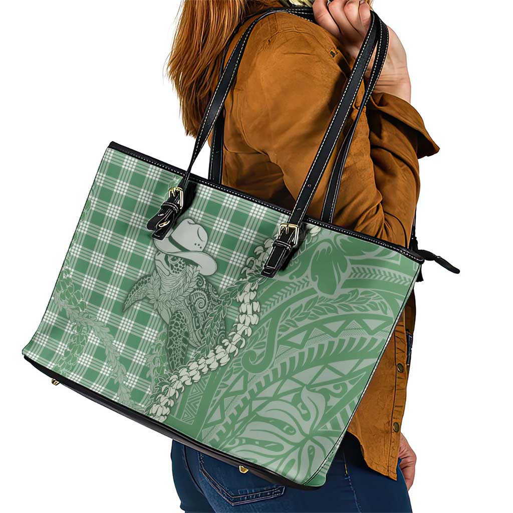 Green Hawaii Palaka Cowboy Turtle Leather Tote Bag Hawaiian Paniolo Puakenikeni Maile Lei - Polynesian Pride