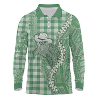 Green Hawaii Palaka Cowboy Turtle Long Sleeve Polo Shirt Hawaiian Paniolo Puakenikeni Maile Lei - Polynesian Pride
