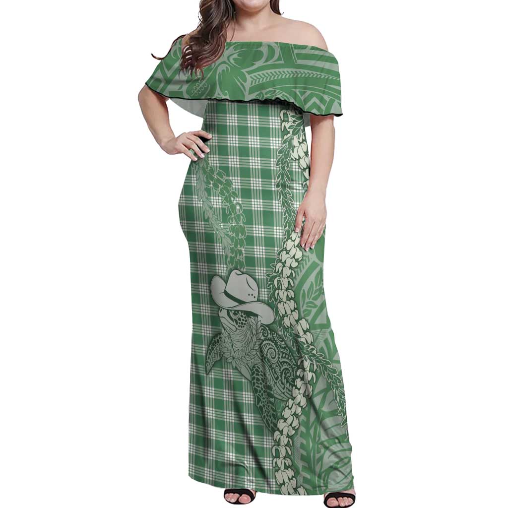 Green Hawaii Palaka Cowboy Turtle Off Shoulder Maxi Dress Hawaiian Paniolo Puakenikeni Maile Lei - Polynesian Pride