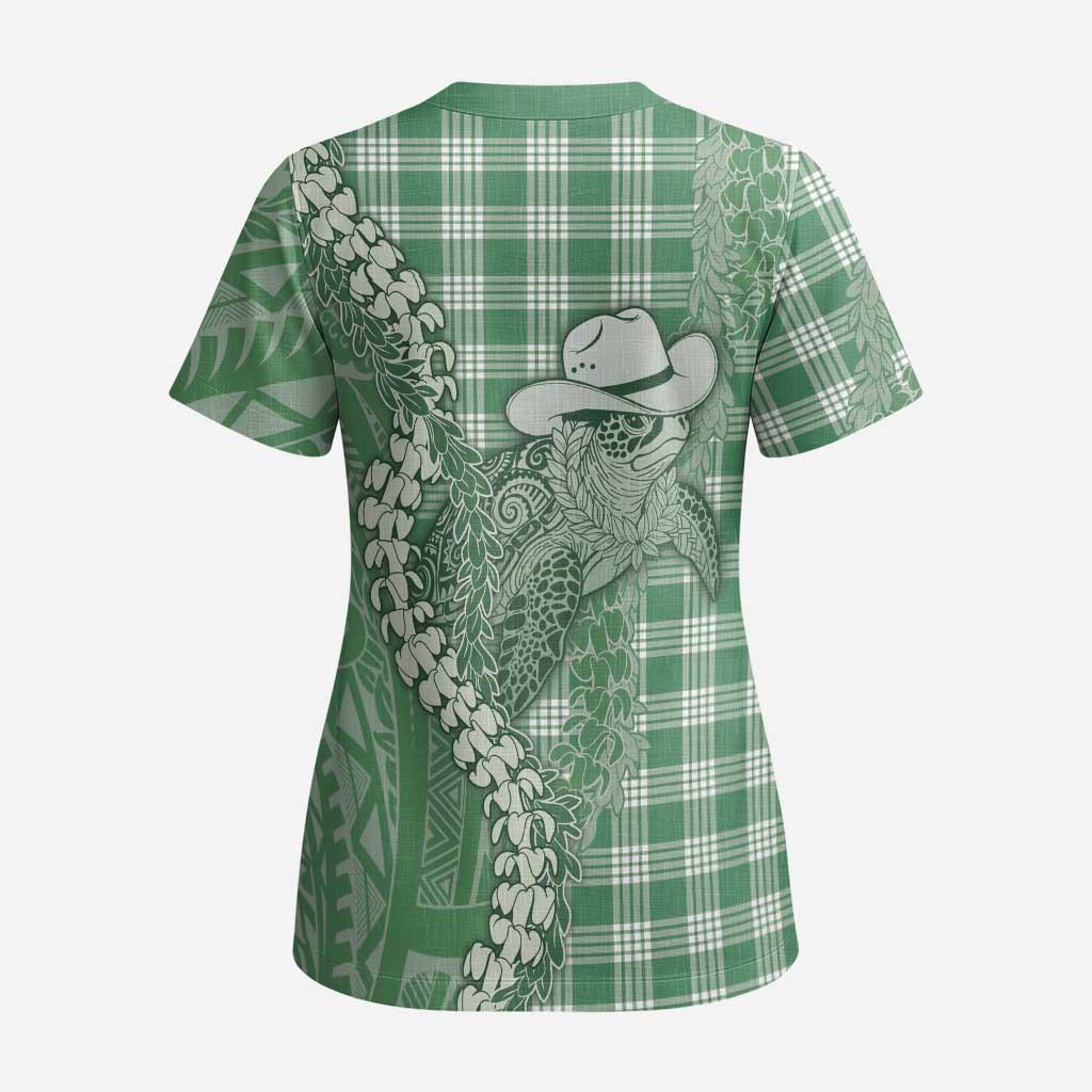 Green Hawaii Palaka Cowboy Turtle Scrub Top Hawaiian Paniolo Puakenikeni Maile Lei - Polynesian Pride